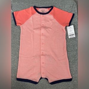 NWT Carters snap up romper, Size 12 M, Orange and white striped shark design